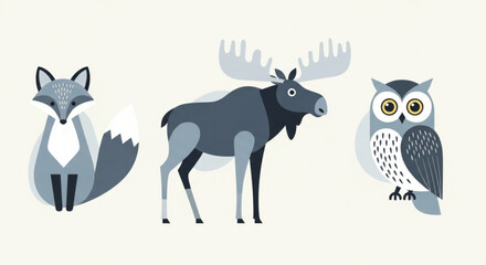 Charming forest animals artwork featuring a fox, moose, and owl, perfect for children's illustrations, educational materials, and nature-themed designs made from a vector