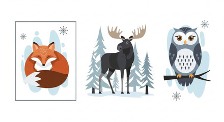 Charming winter woodland animals art, a fox, moose, and owl create a whimsical winter scene, perfect for children's decor and holiday cards