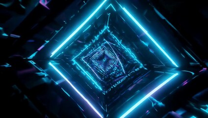 looping Ultra HD 4K neon blue rectangular outline rotating smoothly black background alpha transparency creating futuristic abstract visual element ideal modern stock footage digital motion design