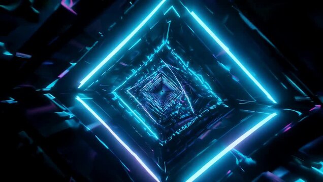 looping Ultra HD 4K neon blue rectangular outline rotating smoothly black background alpha transparency creating futuristic abstract visual element ideal modern stock footage digital motion design