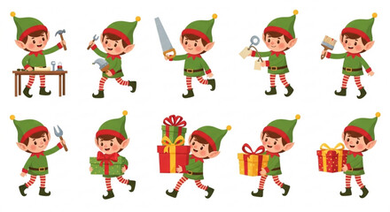 Delightful Christmas Elf Characters Busy with Holiday Preparations Gifts and Toys originally designed as vector graphics for scalable design needs