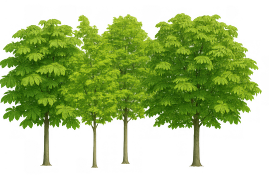 Group of deciduous trees with lush green leaves, a natural forest element on transparent background for easy use