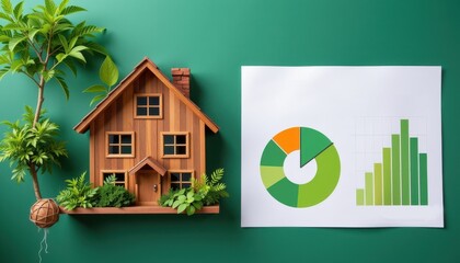 deal investment home green concept. Model of a house with charts and greenery on a green background.