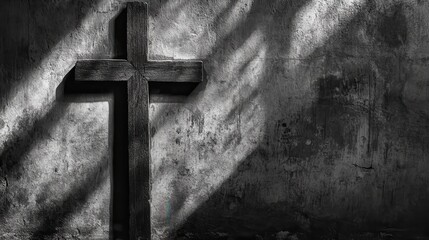 A dark wooden cross casts shadows on a wall.