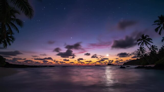 Serene beach landscape with swaying palm trees, warm sunset casting golden glow on calm waters, capturing the concept of relaxation, tranquility, and rejuvenation, perfect for evoking feelings.