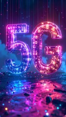 Glowing digital representation of "5G" in vibrant blue and pink neon against a dark backdrop. The letters are filled with data
