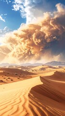 Sandy desert scene with dunes and a storm cloud above the horizon