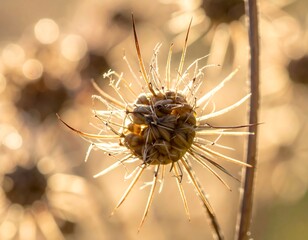 Close-up of dried seed head, with spiky filaments radiating out. Bokeh background glows in warm light, capturing natural beauty