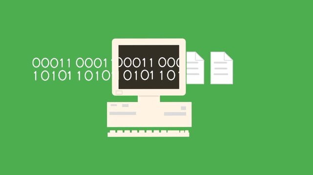 Flowing binary stream entering a computer and transforming into a document on green screen. Dynamic digital data conversion concept.