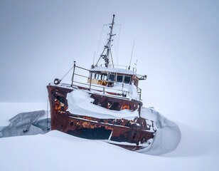 Rusty boat half-submerged in snow, set against a grey, overcast sky