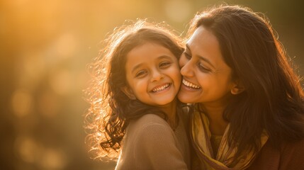Fototapeta premium Happy Indian Mother and Daughter Smiling Together Outdoors