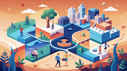 Isometric city landscape with people and buildings art