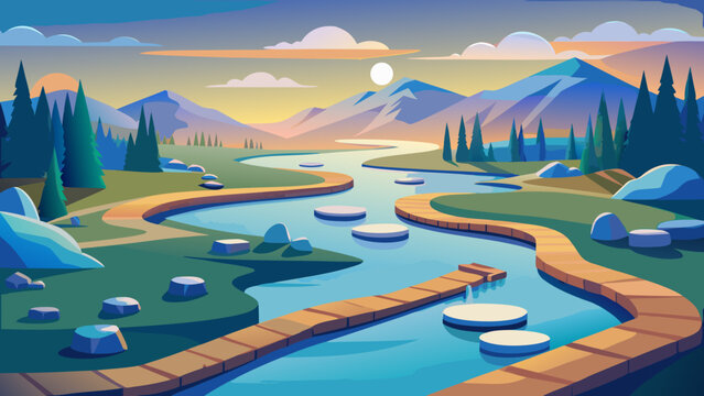 Illustration of a river winding through a mountainscape