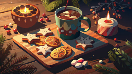 Festive christmas treats and warm drink arrangement