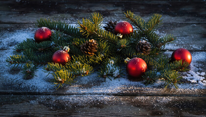 Beautiful view of fir branches and red Christmas balls on snowy wooden table