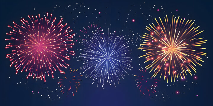 Vibrant fireworks explode in a night sky, illuminating the darkness with colorful bursts.