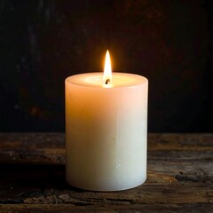 A close-up showcases a thick, cylindrical pillar candle with a bright flame illuminating its creamy white wax body against a dark background