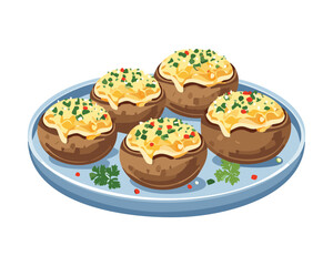 Plate of Individual Halved Stuffed Baked Potatoes Topped with Cheese and Chives for a Side Dish - Vector Illustration