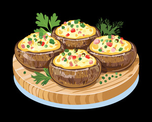 Halved Stuffed Baked Potatoes with Cheese and Herbs, Served on a Wooden Cutting Board - Vector Illustration