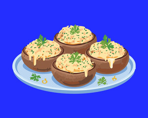 Stuffed Baked Potatoes Topped with Cheese and Sour Cream, Served on a Round Platter for a Comfort Meal - Vector Illustration