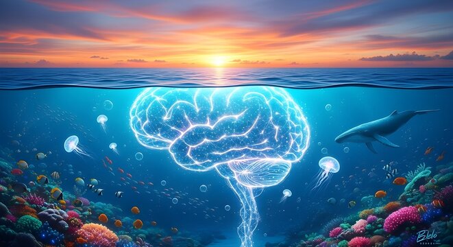 A Calm Ocean Surface Above a Glowing Neural Network Brain