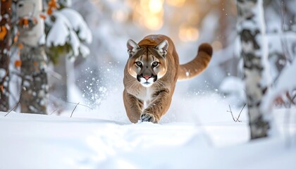 A large cat with tawny fur sprints towards the viewer through a snowy forest, its form filling the frame. Background is blurred