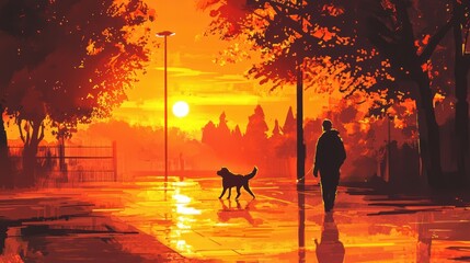 Sunset Stroll - A Silhouette of Man and Dog in Golden Light.