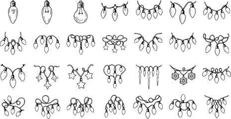 Hand-drawn Christmas Lights and Winter Holiday Decorations Vector Set. Doodle Garland, Bulbs, Icicles, and Snowflakes Collection for Festive Design.