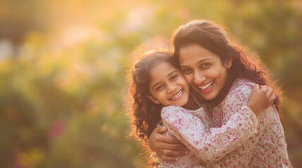 Fototapeta premium Happy Indian Mother and Daughter Smiling Together Outdoors