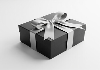 Obraz premium Elegant black gift box with silver ribbon perfect for celebrations isolated on white background