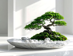 Serene bonsai tree in a marble bowl bathed in soft, natural light