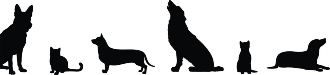 Obraz premium Animal silhouettes, rabbit, cat, dog, giraffe, meerkat, black shapes, wildlife icons, pet figures, standing animals, size comparison, nature cutouts, animal lineup