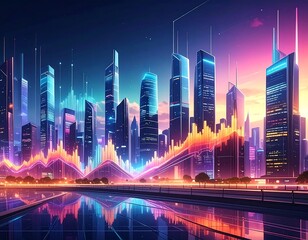 Futuristic city skyline at dusk with data visualization overlay, showcasing glowing skyscrapers and a vibrant color palette