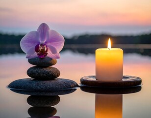 Serene scene stacked stones and a lit candle reflecting in water