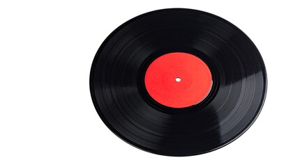 Obraz premium Classic black vinyl record with a vibrant red label isolated on white background