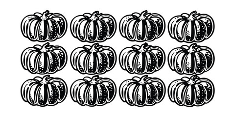 Twelve Black and White Pumpkins in a Grid Pattern on White Background Keywords: pumpkin, pumpkins, halloween, fall, autumn, october, harvest