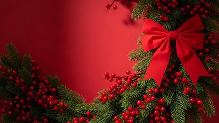 Festive Christmas Wreath with Red Bow and Berries.