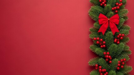Festive Christmas Garland with Red Bow and Berries on Red.