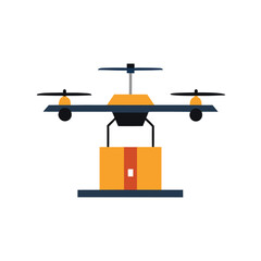 Obraz premium Yellow and blue drone carrying an orange package with clouds on white background Keywords: drone, delivery, package, box, shipping, logistics