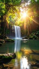 Lush cascade with emerald pond framed by vibrant trees and basking sunlight in a tranquil, natural setting