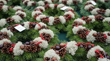 Festive Christmas Wreaths with Pine Cones and Berries.