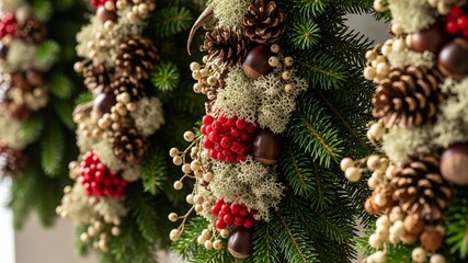 Festive Christmas Wreaths with Natural Decorations - Pine Cones and Berries.