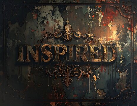 A weathered grunge textured background with ornate gold embellishments and the word "INSPIRED" in embossed letters
