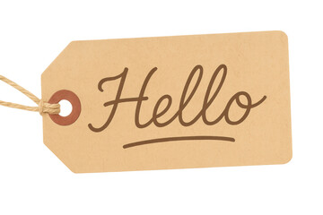 Vintage brown tag with hello written in cursive script, hanging on a string, transparent background
