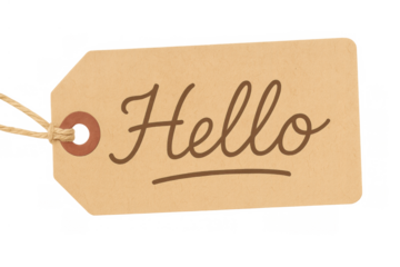 Vintage brown tag with hello written in cursive script, hanging on a string, transparent background