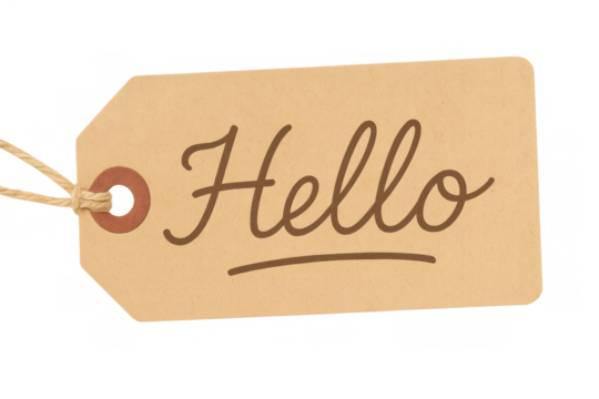 Vintage brown tag with hello written in cursive script, hanging on a string, transparent background