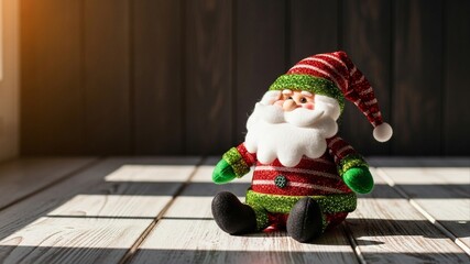 Festive Santa Claus Decoration on Wooden Floor with Sunlight.