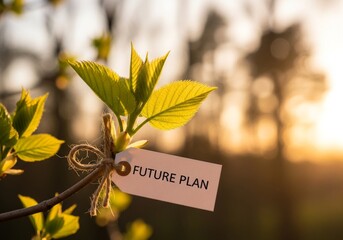 Future Plan Tag on Branch with New Growth and Sunset.