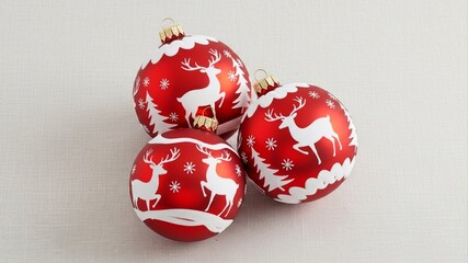 Festive Red Christmas Ornaments with White Deer and Snowflakes.