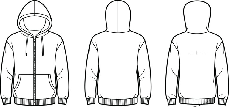 Flat vector illustration of zip up hoodie fashion template with front, back and side views, kangaroo pocket, drawstring hood, ribbed cuffs and hem design